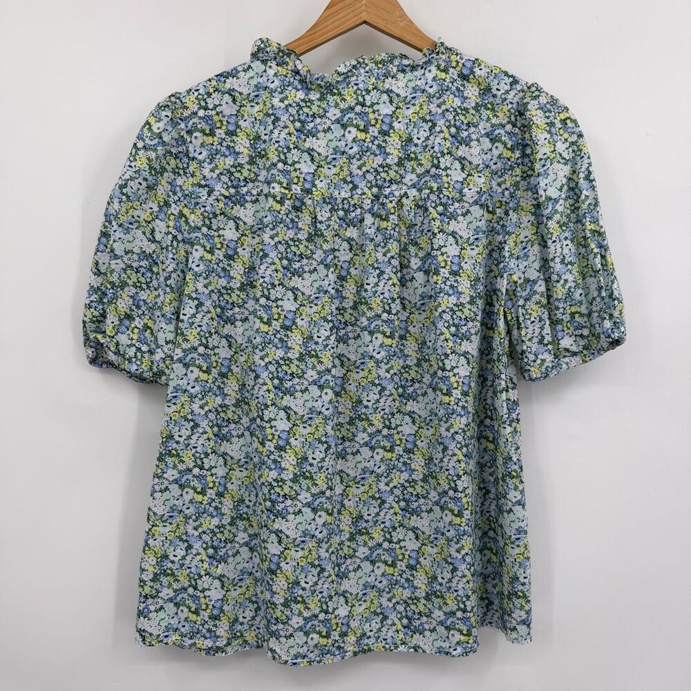 J Crew Liberty Fabric Floral Blouse Women’s Medium Blue Green Puff Sleeve Ruffle - Picture 7 of 9